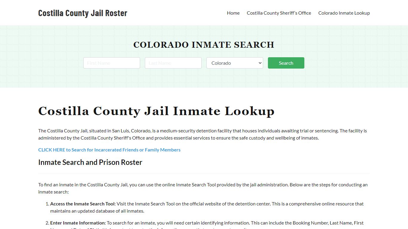 Costilla County Jail Roster Lookup, CO, Inmate Search