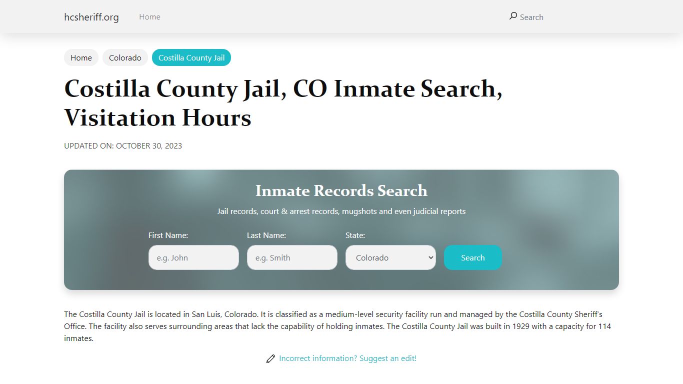 Costilla County Jail, CO Inmate Search, Visitation Hours