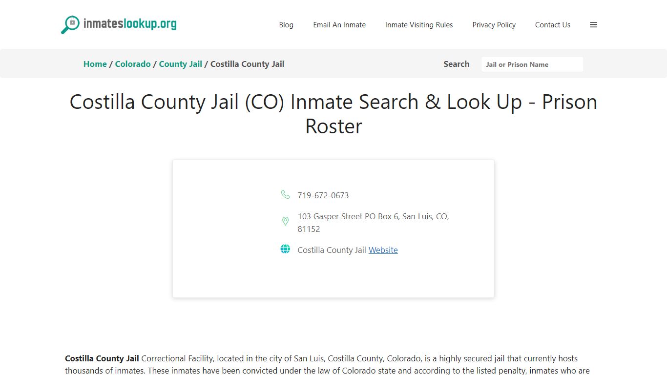 Costilla County Jail (CO) Inmate Search & Look Up - Prison Roster